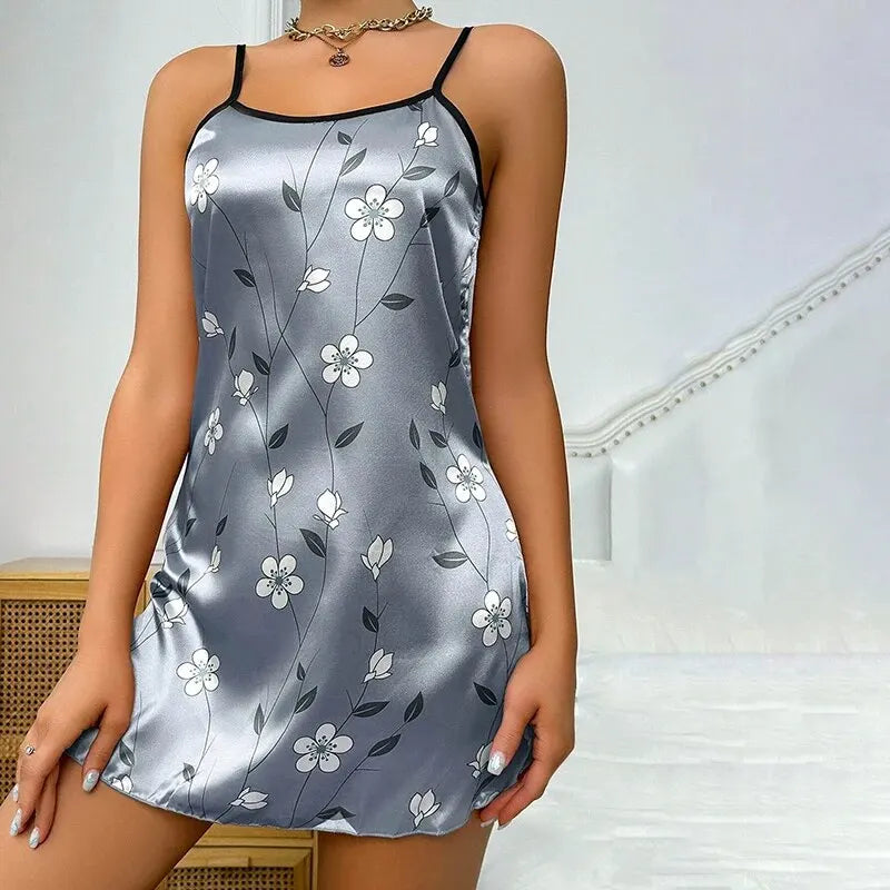 Robe de nuit en satin à imprimé floral pour femme, confortable, bretelles spaghetti, luxueuse, slip