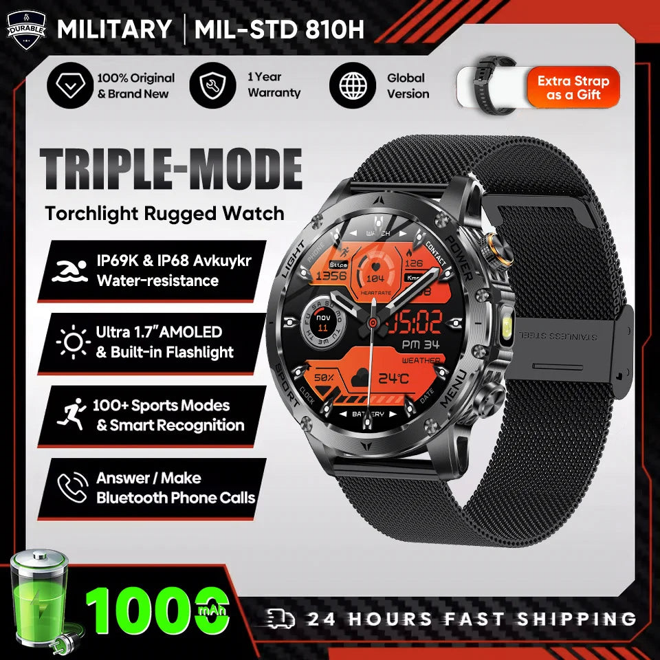 Montre Connectée Sport Militaire AK87 — AMOLED 1,7", GPS, NFC, Étanche IP68, Batterie 1000 mAh, 100 Jours | TechNova X