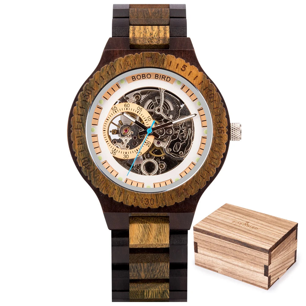 Montre Mécanique en Bois Homme BOBO BIRD — Squelette Lumineux, Étanche 3 ATM, Gravure Personnalisée, 6 Modèles | TechNova X