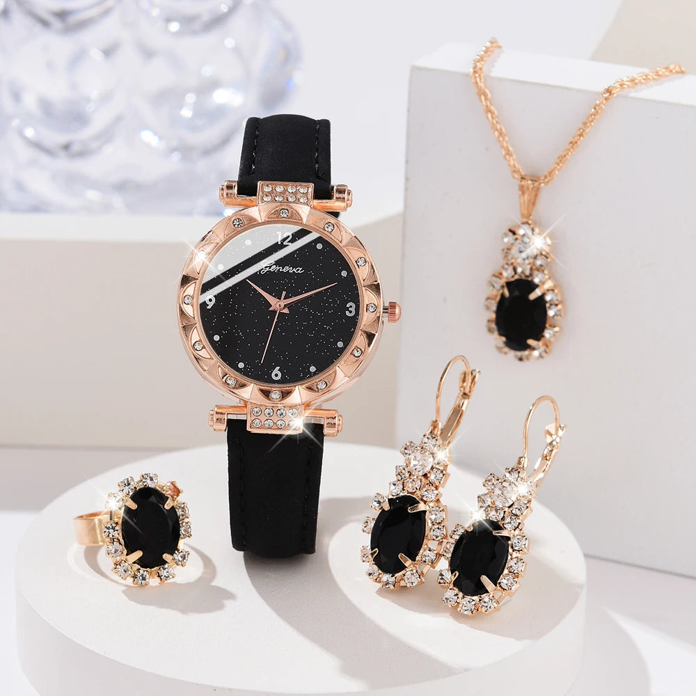 Coffret Bijoux Femme 5 Pièces Strass — Montre Quartz Cuir, Bague, Collier & Boucles d’Oreilles