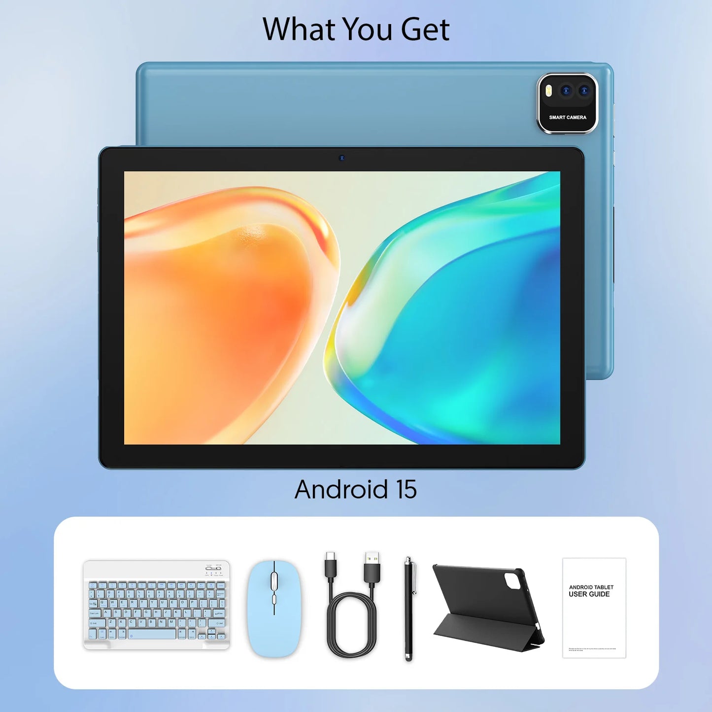 Tablette BAKEN Android 15, 10 pouces, 12 (3+9) Go de RAM + 64 Go de ROM, quad-core, batterie 6000 mAh, comprend un étui de protection gratuit