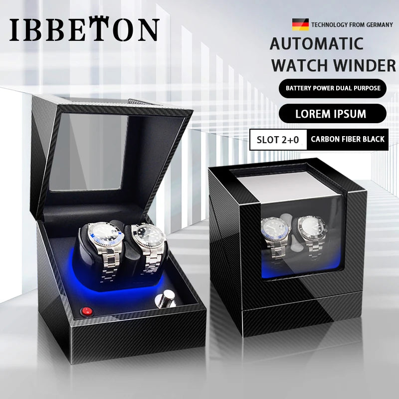 Remontoir de Montre IBBETON — Fibre de Carbone & Bois, Moteur Mabuchi Silencieux, LED