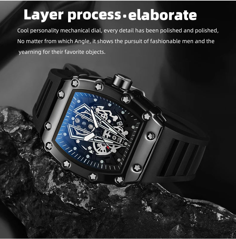 Montre Homme Quartz WLISTH — Cadran Squelette, Bracelet Silicone, 3 ATM, Style Sport Luxe