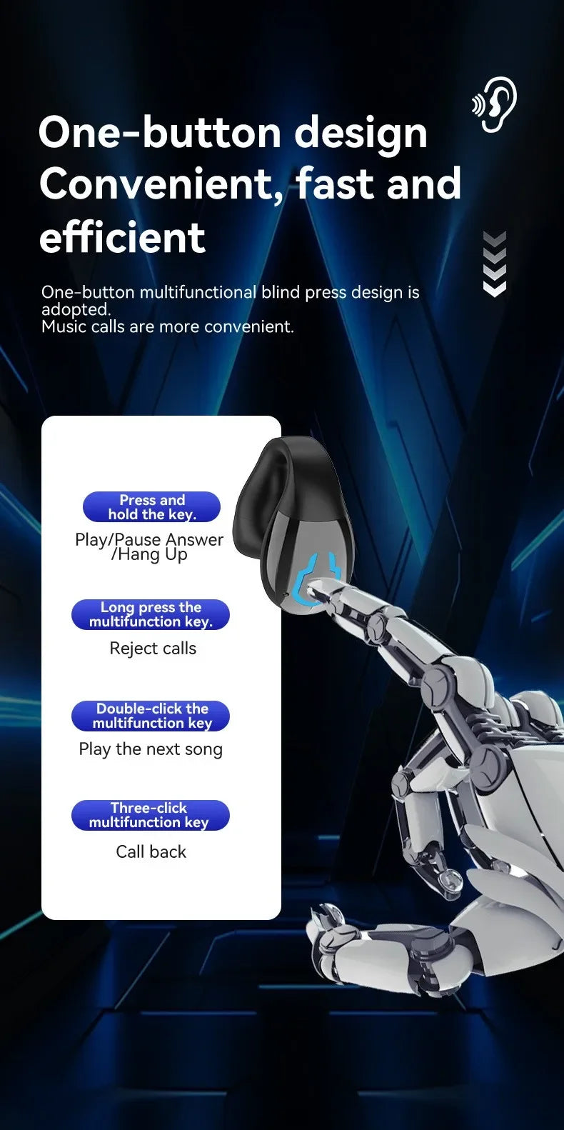 1 écouteur sans fil Bluetooth 5.4 avec micro, écouteur unique à clip d'oreille, étanche, écouteurs TWS pour le sport, casque Bluetooth Type-C