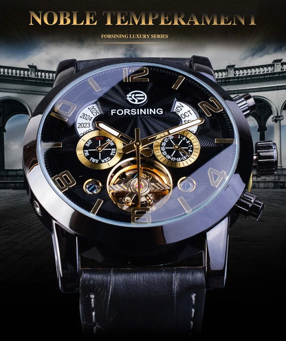 Montre Mécanique Automatique Homme FORSINING — Tourbillon, Boîtier Rond Acier 46 mm, Bracelet Cuir, Calendrier | TechNova X