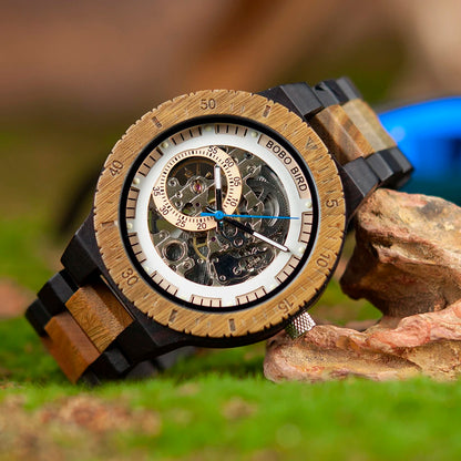 Montre Mécanique en Bois Homme BOBO BIRD — Squelette Lumineux, Étanche 3 ATM, Gravure Personnalisée, 6 Modèles | TechNova X
