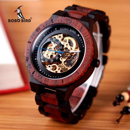 Montre Mécanique en Bois Homme BOBO BIRD — Squelette Lumineux, Étanche 3 ATM, Gravure Personnalisée, 6 Modèles | TechNova X