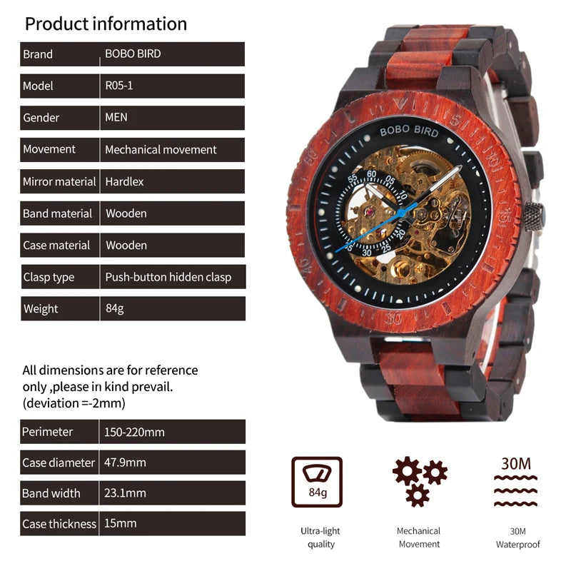 Montre Mécanique en Bois Homme BOBO BIRD — Squelette Lumineux, Étanche 3 ATM, Gravure Personnalisée, 6 Modèles | TechNova X