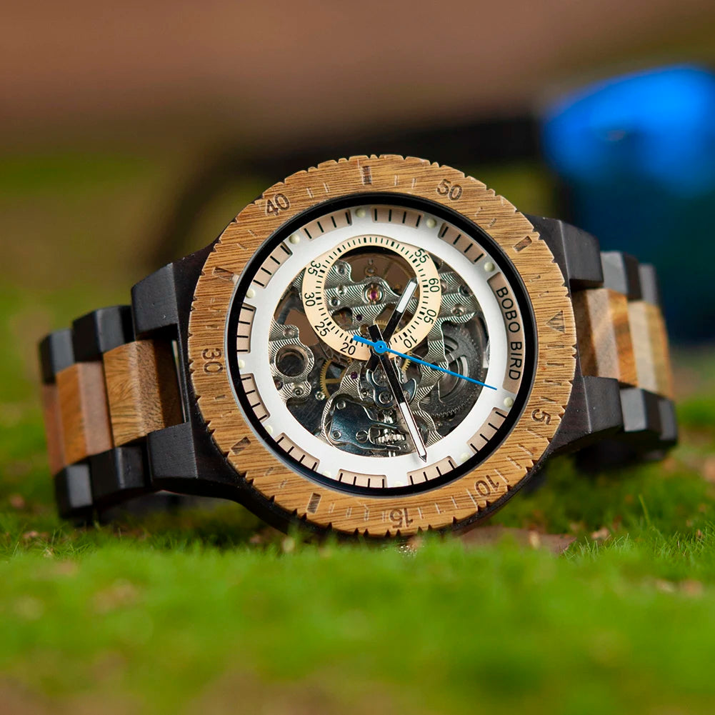 Montre Mécanique en Bois Homme BOBO BIRD — Squelette Lumineux, Étanche 3 ATM, Gravure Personnalisée, 6 Modèles | TechNova X