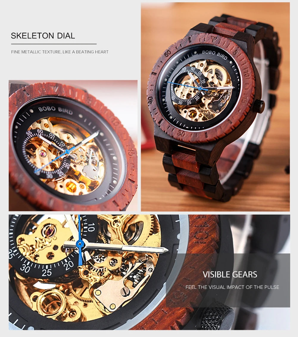 Montre Mécanique en Bois Homme BOBO BIRD — Squelette Lumineux, Étanche 3 ATM, Gravure Personnalisée, 6 Modèles | TechNova X