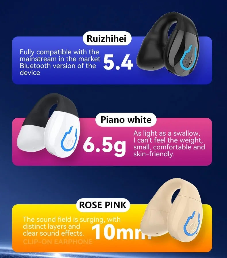 1 écouteur sans fil Bluetooth 5.4 avec micro, écouteur unique à clip d'oreille, étanche, écouteurs TWS pour le sport, casque Bluetooth Type-C