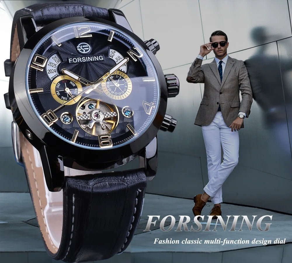 Montre Mécanique Automatique Homme FORSINING — Tourbillon, Boîtier Rond Acier 46 mm, Bracelet Cuir, Calendrier | TechNova X