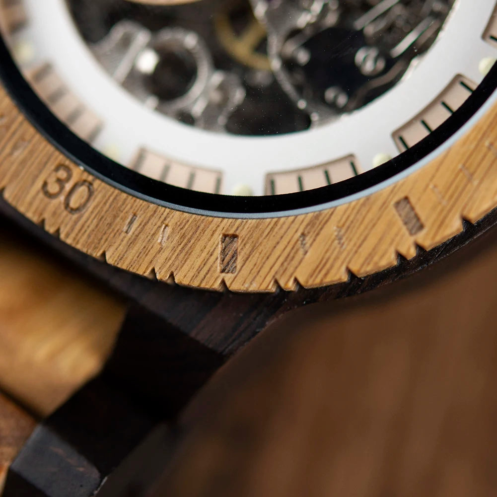 Montre Mécanique en Bois Homme BOBO BIRD — Squelette Lumineux, Étanche 3 ATM, Gravure Personnalisée, 6 Modèles | TechNova X