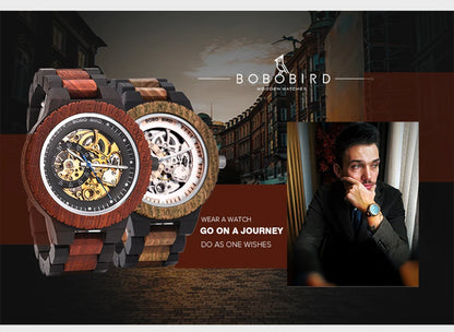Montre Mécanique en Bois Homme BOBO BIRD — Squelette Lumineux, Étanche 3 ATM, Gravure Personnalisée, 6 Modèles | TechNova X