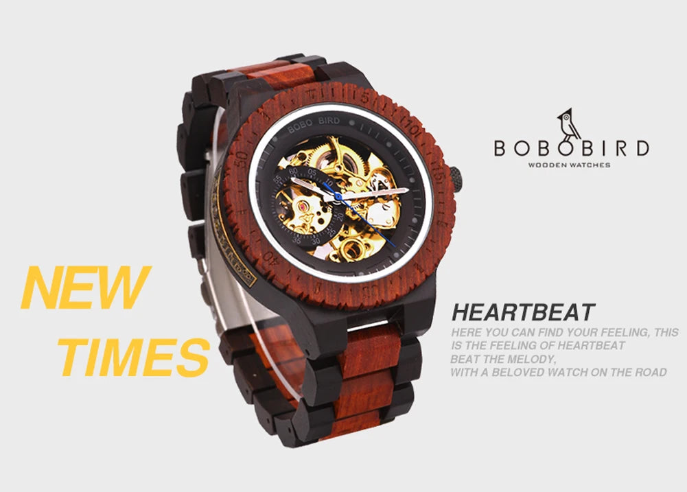 Montre Mécanique en Bois Homme BOBO BIRD — Squelette Lumineux, Étanche 3 ATM, Gravure Personnalisée, 6 Modèles | TechNova X