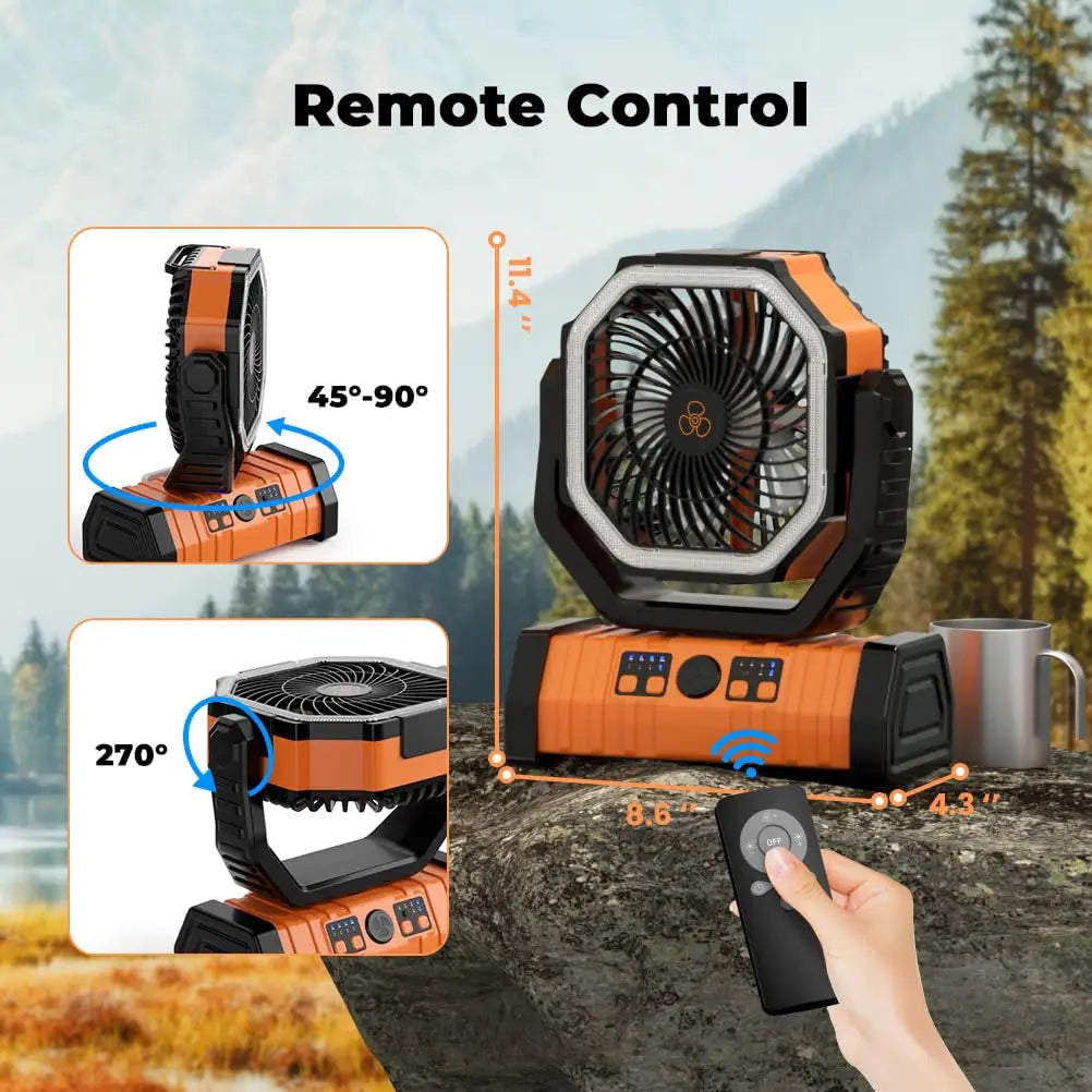 Ventilateur Camping 20 000mAh — LED 3 Niveaux, 4 Vitesses, Télécommande & Powerbank Intégré