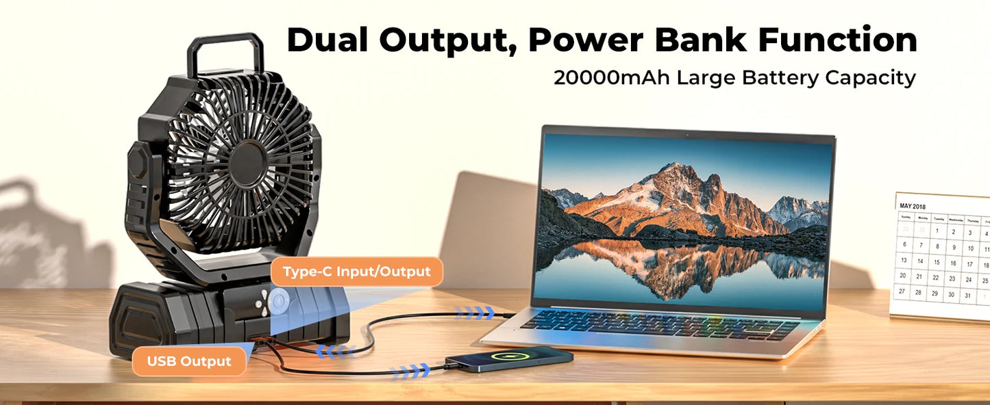 Ventilateur Camping 20 000mAh — LED 3 Niveaux, 4 Vitesses, Télécommande & Powerbank Intégré
