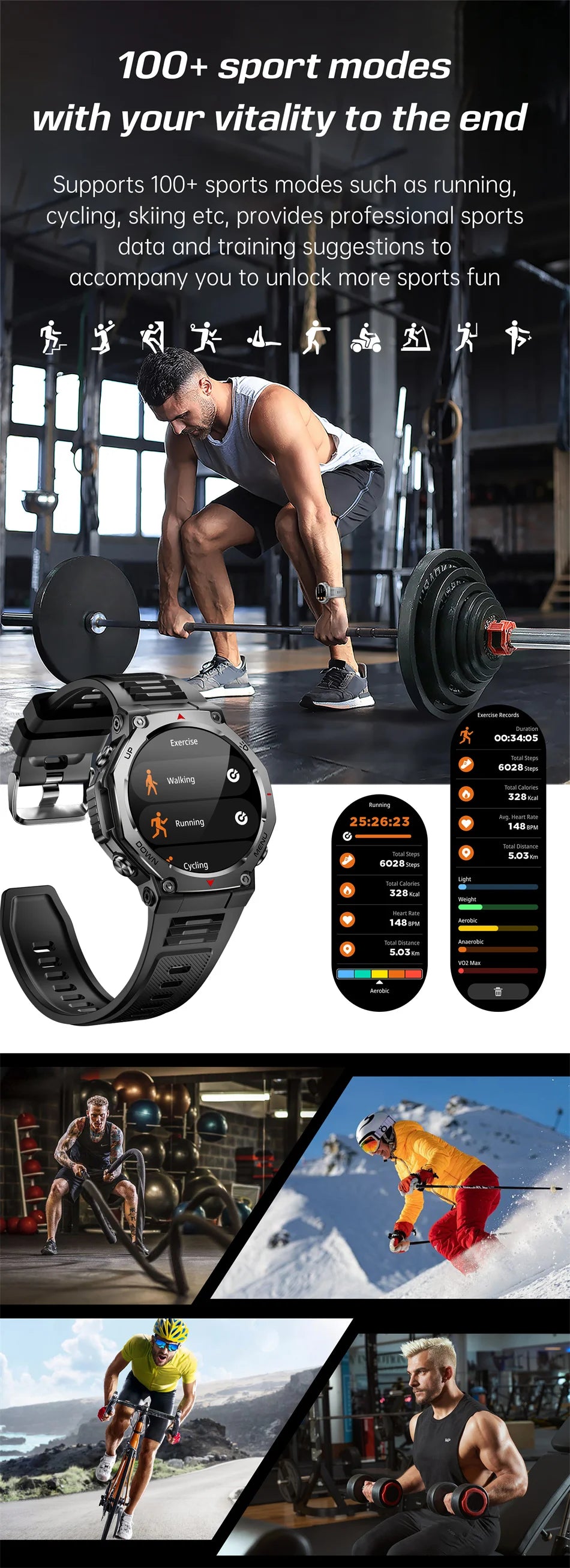 Montre Connectée Sport ZYKEXUAN T-Rex3 — AMOLED 1,43", Étanche 10 ATM, Boussole, Altimètre, 100+ Sports, 13 Coloris | TechNova X