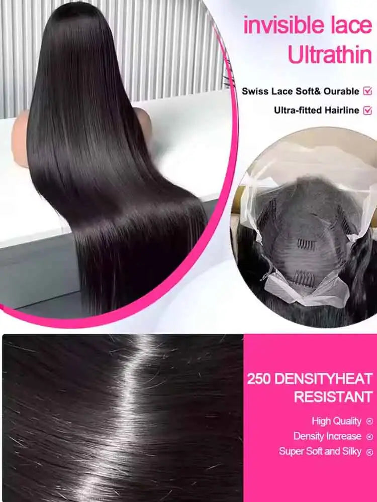 40 42 pouces os droit perruques de cheveux humains 13x6 HD Transparent dentelle frontale perruques sans colle droite dentelle avant perruques de cheveux humains