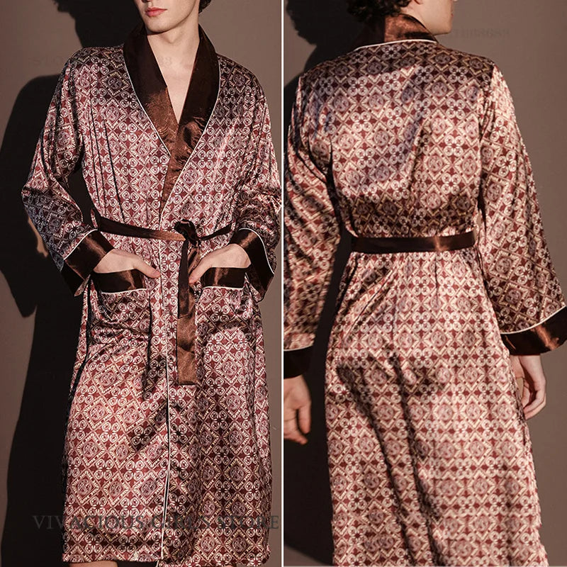 Kimono Peignoir Satin Imprimé Homme — Robe de Chambre avec Poches, Col en V