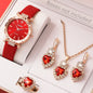 Coffret Bijoux Femme 5 Pièces Strass — Montre Quartz Cuir, Bague, Collier & Boucles d’Oreilles
