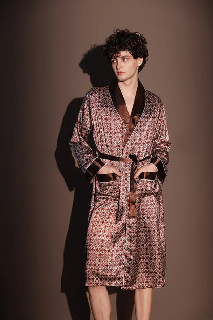 Kimono Peignoir Satin Imprimé Homme — Robe de Chambre avec Poches, Col en V