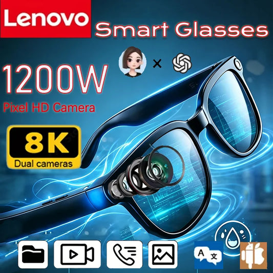 Lunettes Intelligentes Sans Fil Lenovo AI, Lunettes de Soleil Bluetooth, Contrôle à Distance 8K, Caméra Photo Tactile, Enregistrement, Assistant Vocal, Traducteur