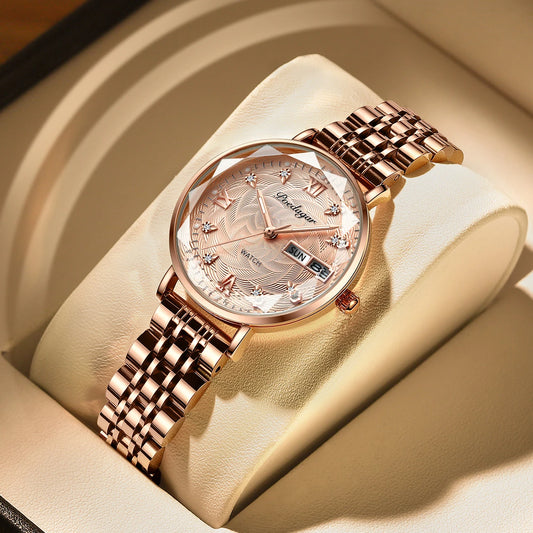 Montre Femme Quartz POEDAGAR 3012 — Acier Inoxydable, Aiguilles Lumineuses, Date & Jour, 3 ATM