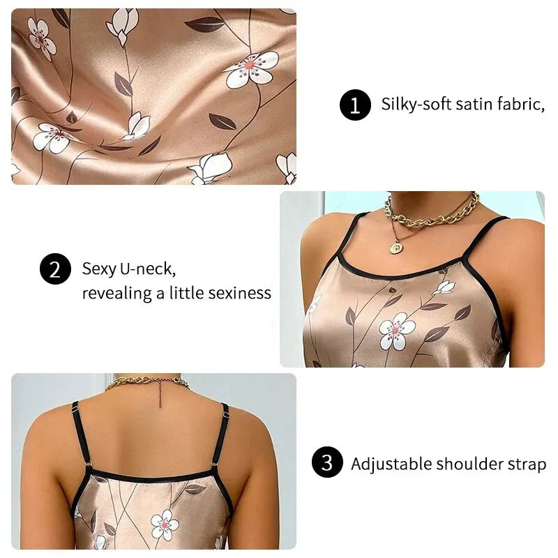 Robe de nuit en satin à imprimé floral pour femme, confortable, bretelles spaghetti, luxueuse, slip