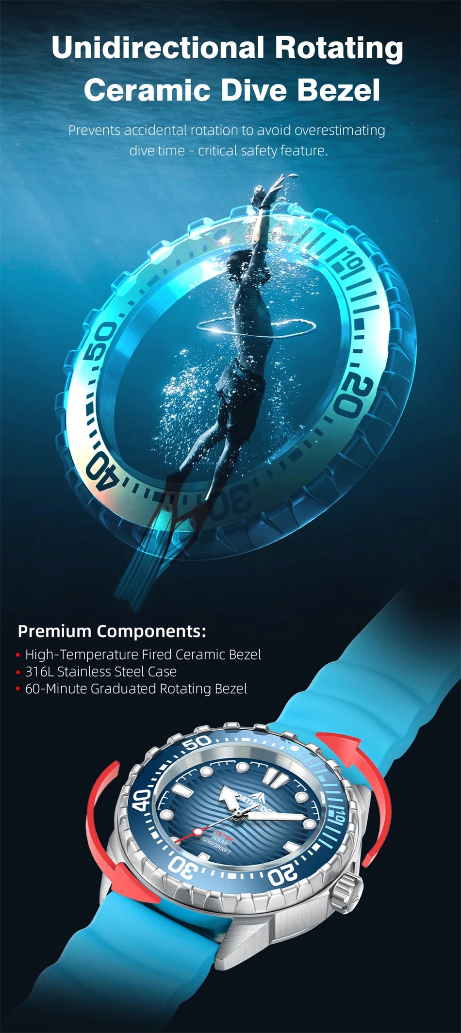 Montre Plongée NORTH EDGE TRITON — Solaire, Quartz, Acier 316L, Étanche 300M