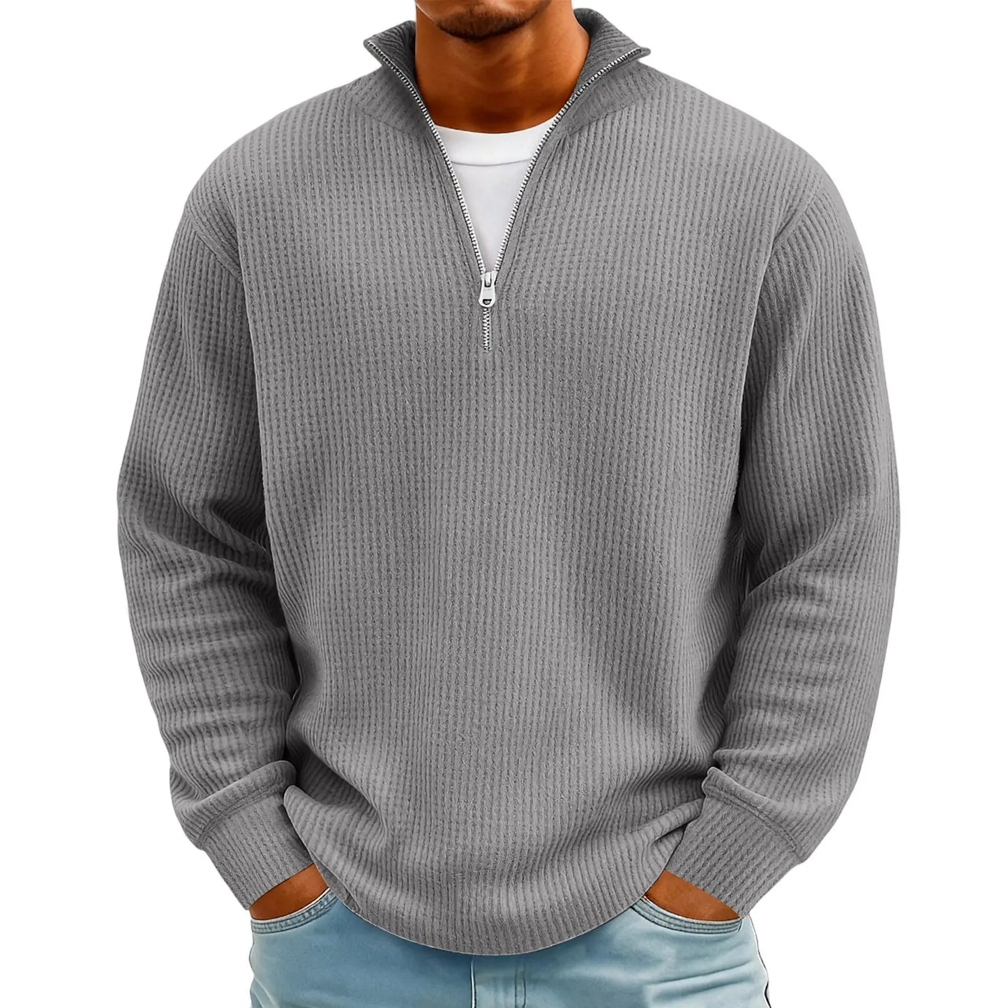Sweat Col Polo Homme — Manches Longues, Fermeture Éclair, Coupe Ample | Automne-Hiver