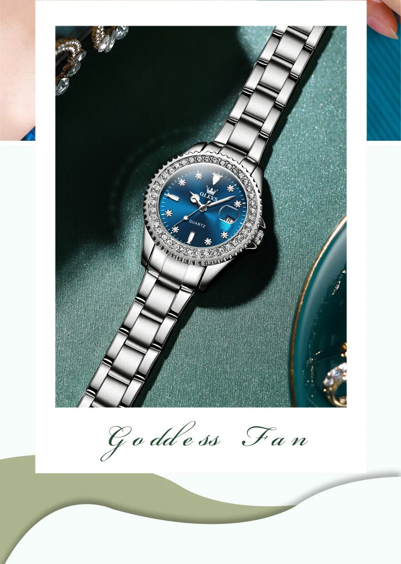 Montre Femme Quartz OLEVS 9945 — Cadran Diamant Lumineux, Acier Inoxydable, Date, 3 ATM