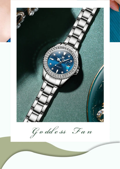 Montre Femme Quartz OLEVS 9945 — Cadran Diamant Lumineux, Acier Inoxydable, Date, 3 ATM