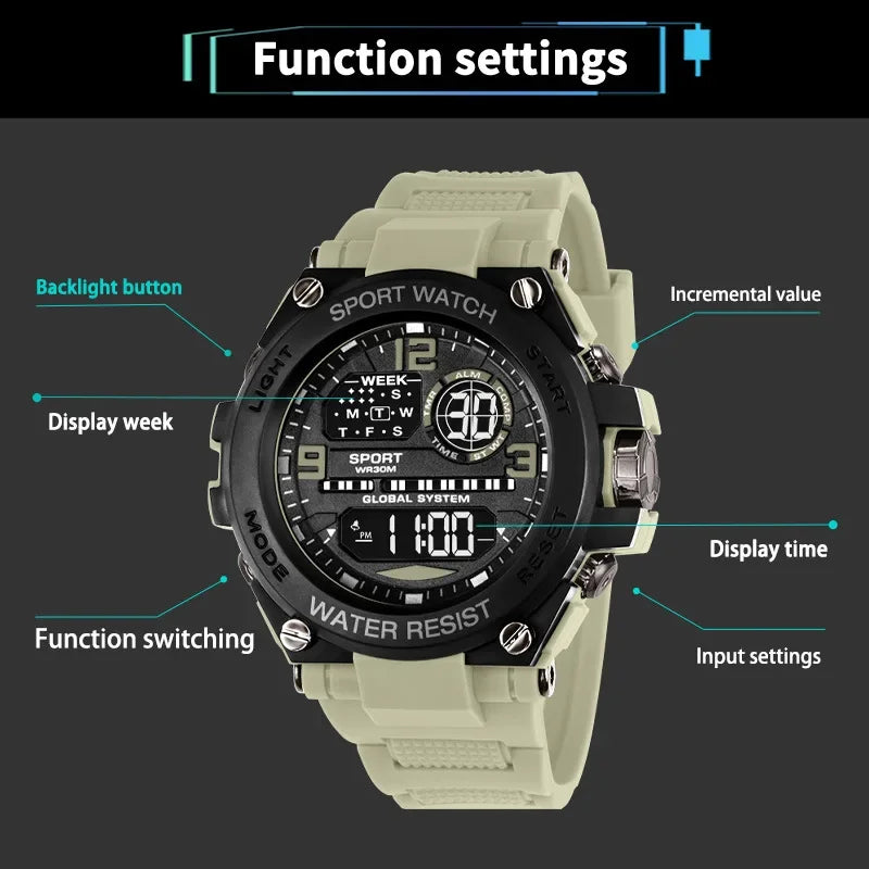 Montre Sport Digitale YIKAZE A69270 — Grand Cadran 56mm, LED, Chronomètre, Alarme, 3 ATM