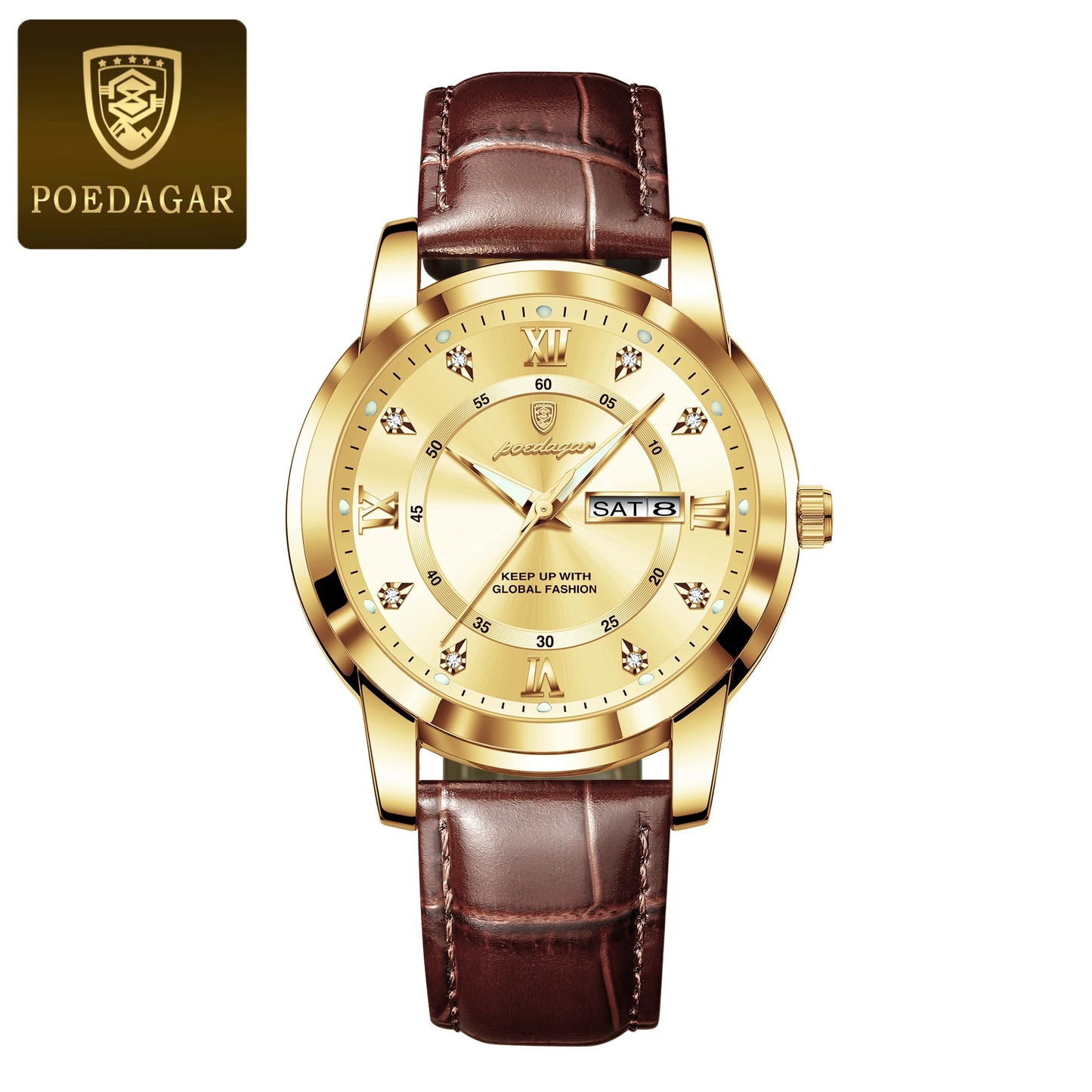 Montre Homme POEDAGAR 936L — Quartz, Bracelet Cuir, Lumineux, Date & Semaine