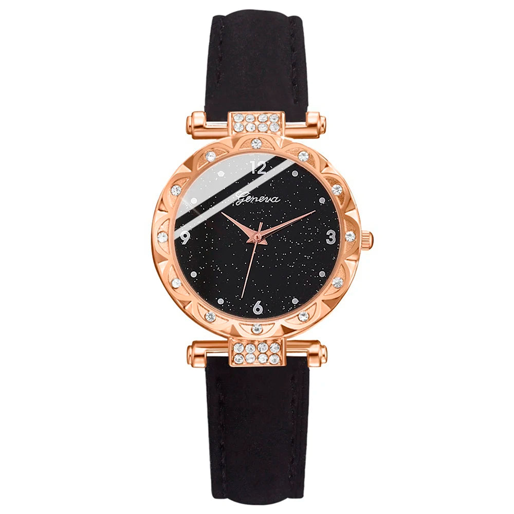 Coffret Bijoux Femme 5 Pièces Strass — Montre Quartz Cuir, Bague, Collier & Boucles d’Oreilles