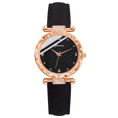 Coffret Bijoux Femme 5 Pièces Strass — Montre Quartz Cuir, Bague, Collier & Boucles d’Oreilles