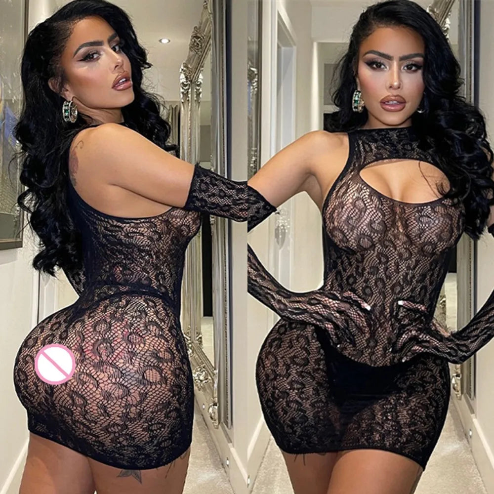 Robe courte en résille pour femmes, lingerie sexy, jupe ronde, vêtements de nuit, mini robe slim
