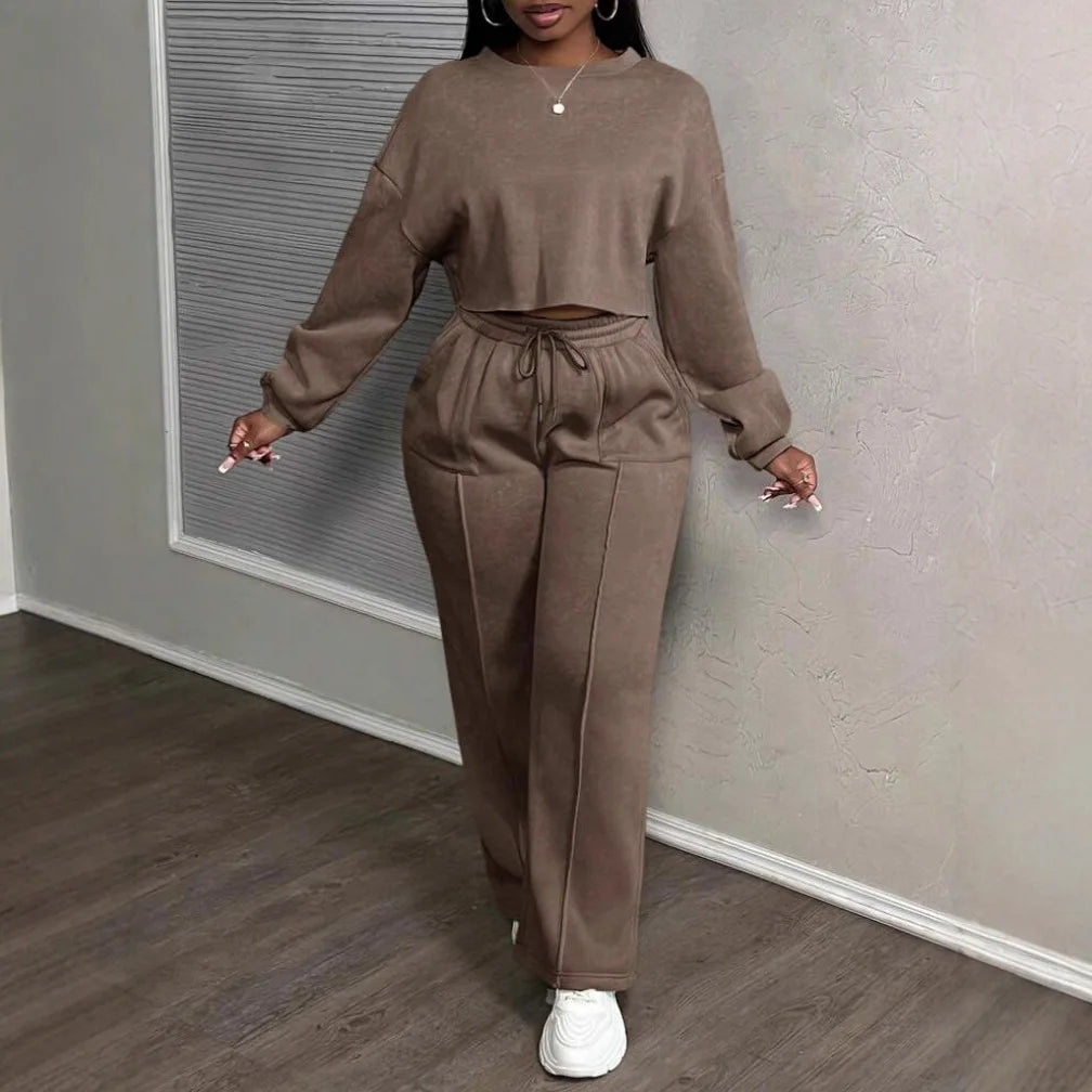 Ensemble deux pièces décontracté pour femme : Sweat-shirt ample à taille haute et pantalon droit – Collection Printemps-Automne