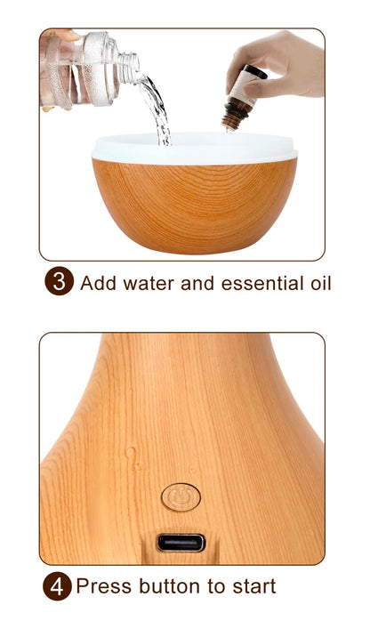 Mini Humidificateur Vase Design Bois 150ml — LED 7 Couleurs, Aromathérapie & USB 5V