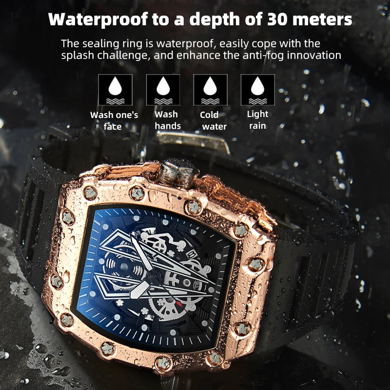 Montre Homme Quartz WLISTH — Cadran Squelette, Bracelet Silicone, 3 ATM, Style Sport Luxe