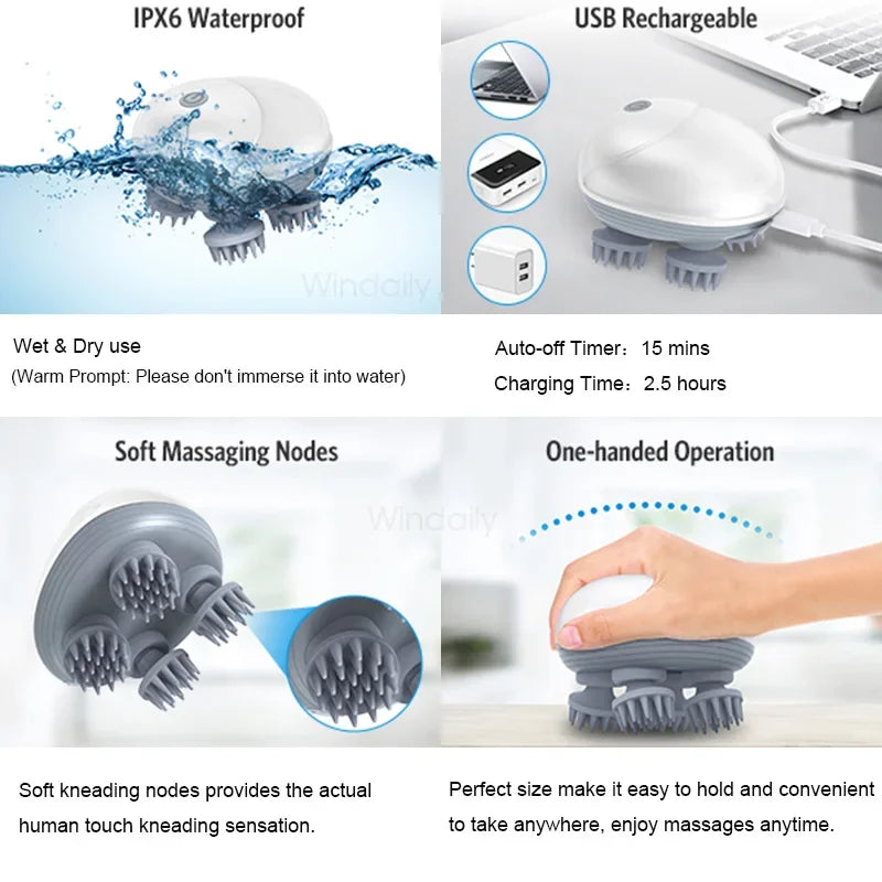 Masseur Électrique Cuir Chevelu Windaily — 4 Têtes, 3 Modes, IPX6 & Rechargeable