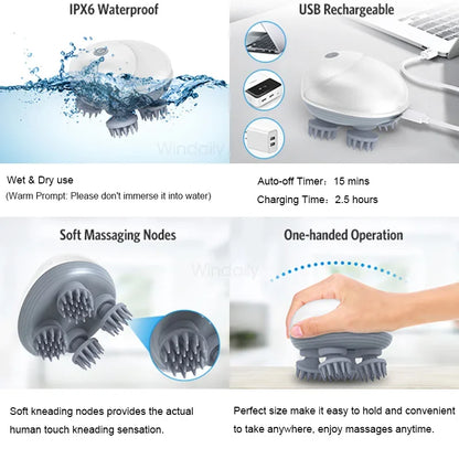 Masseur Électrique Cuir Chevelu Windaily — 4 Têtes, 3 Modes, IPX6 & Rechargeable