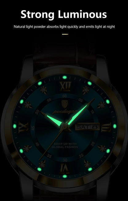 Montre Homme POEDAGAR 936L — Quartz, Bracelet Cuir, Lumineux, Date & Semaine