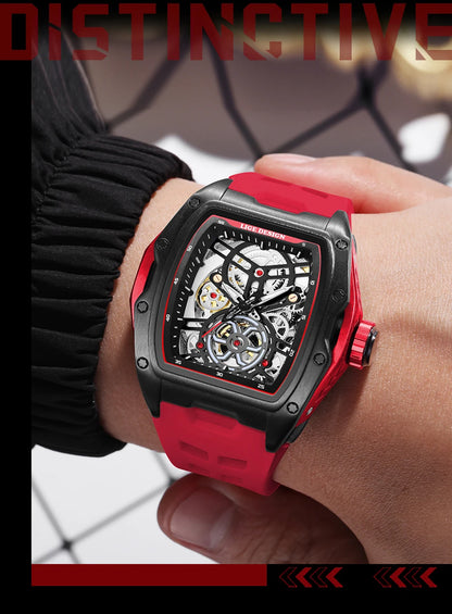 Montre Mécanique Homme Squelette — Boîtier Carré Acier, Automatique, Étanche 3 ATM, Bracelet Silicone | TechNova X