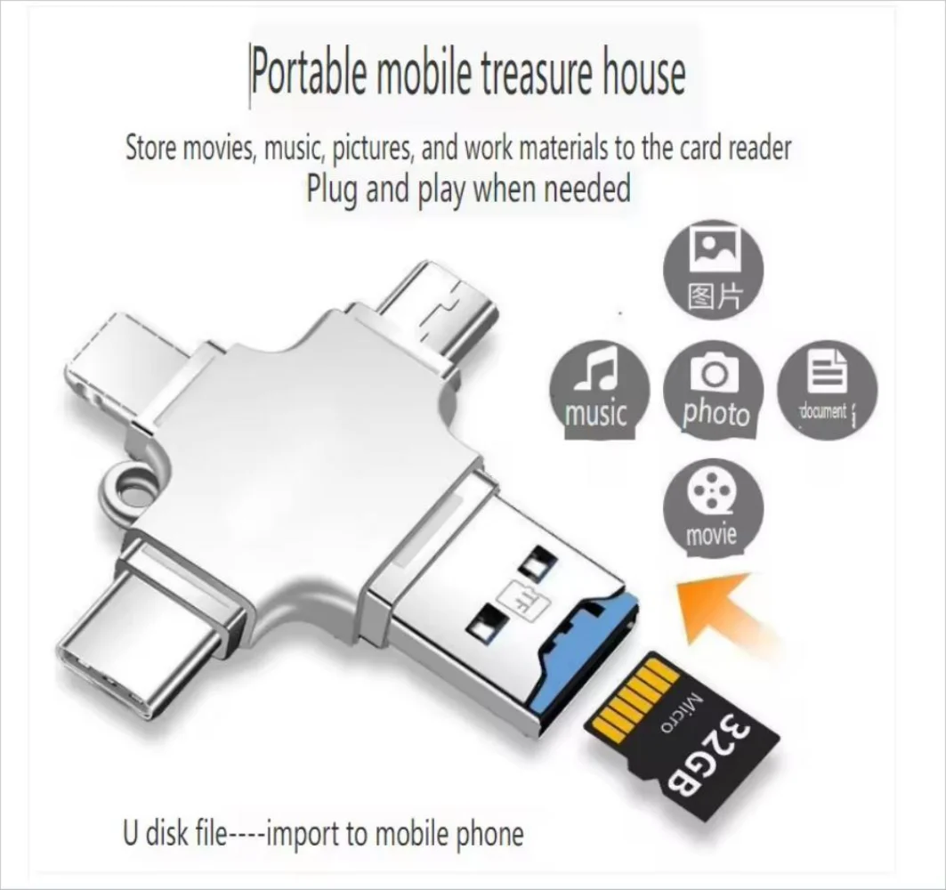 Lecteur de cartes multi-ports 4 en 1, convertisseur portable Lightning USB Type C compatible avec iPhone, iPad, Android, Mac, PC, appareil photo