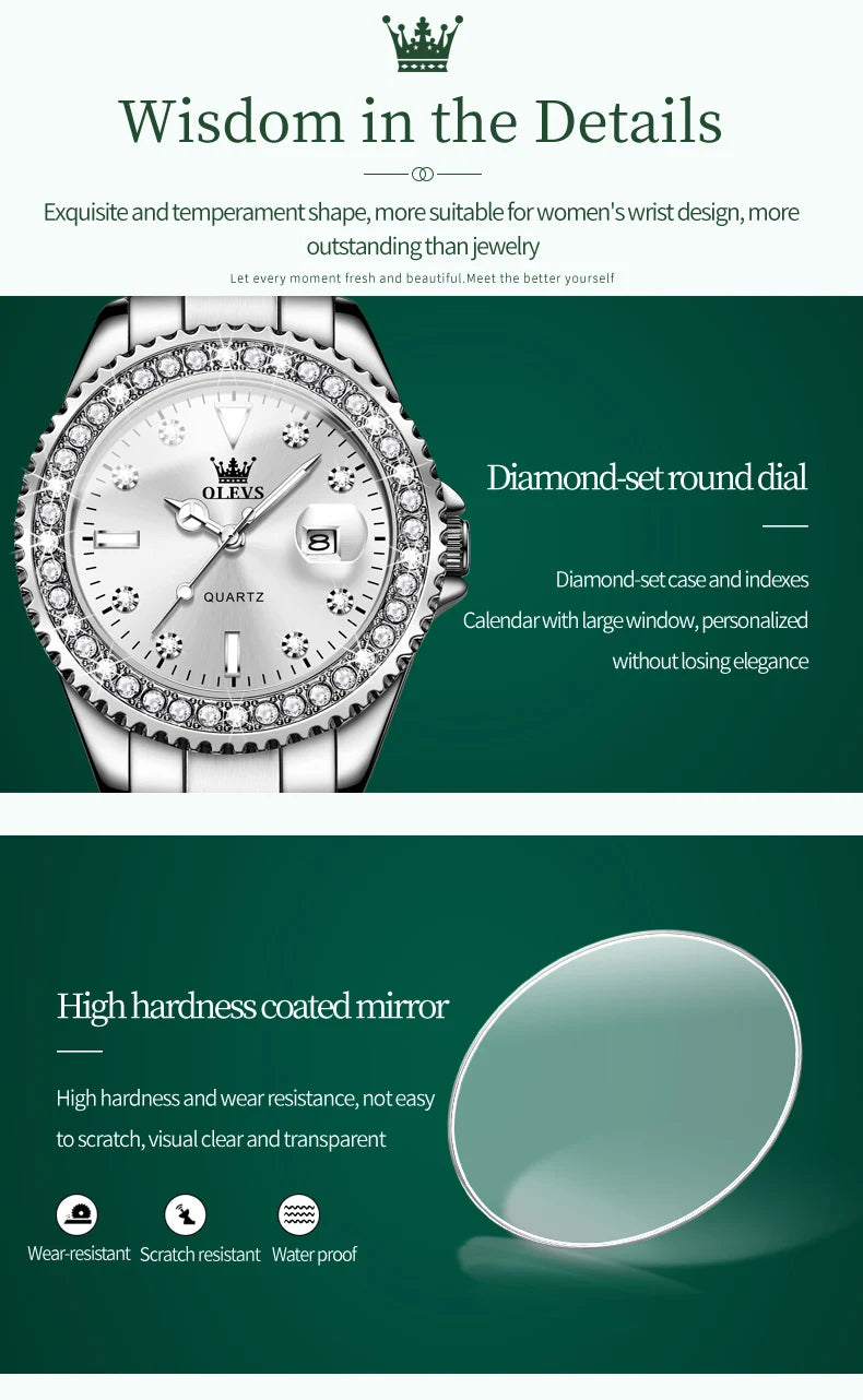 Montre Femme Quartz OLEVS 9945 — Cadran Diamant Lumineux, Acier Inoxydable, Date, 3 ATM