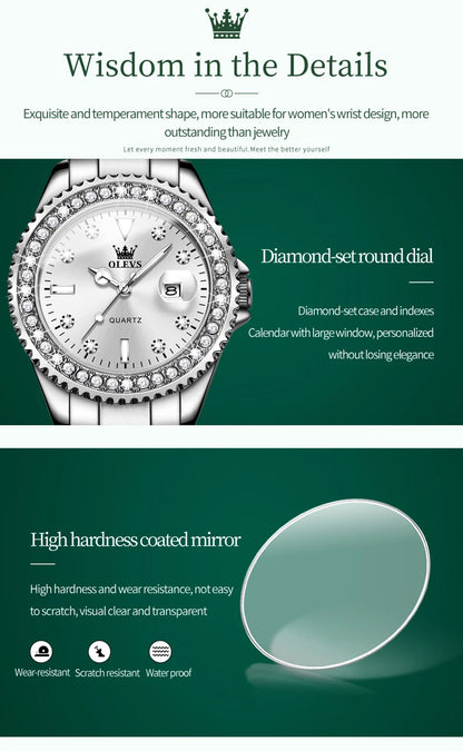 Montre Femme Quartz OLEVS 9945 — Cadran Diamant Lumineux, Acier Inoxydable, Date, 3 ATM