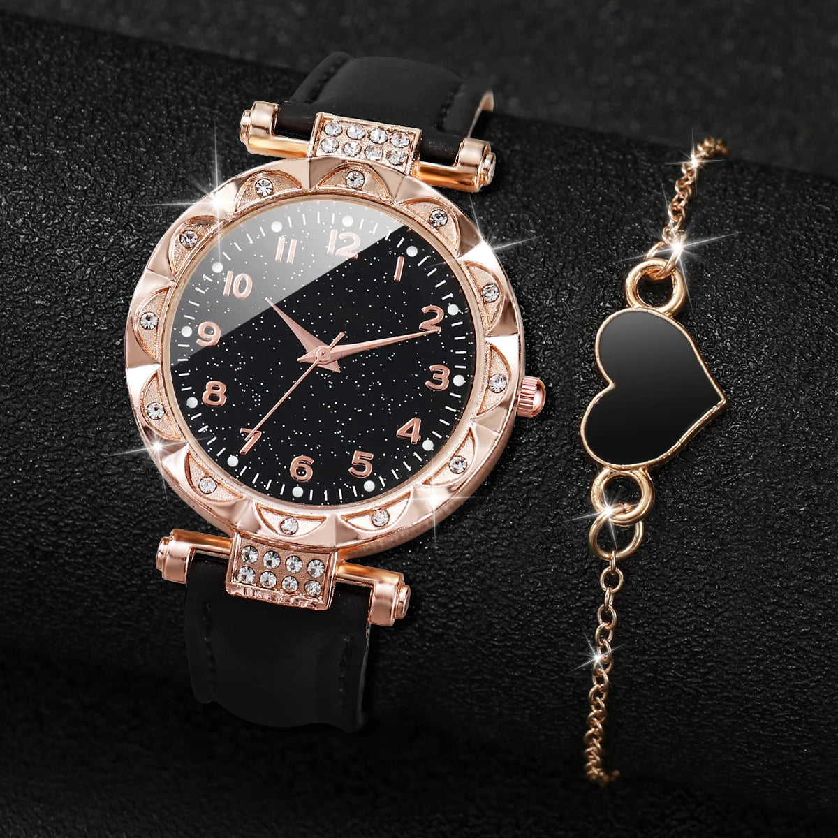 Coffret 2 Pièces Femme Strass — Montre Quartz Bracelet Cuir PU & Bracelet Cœur Assorti