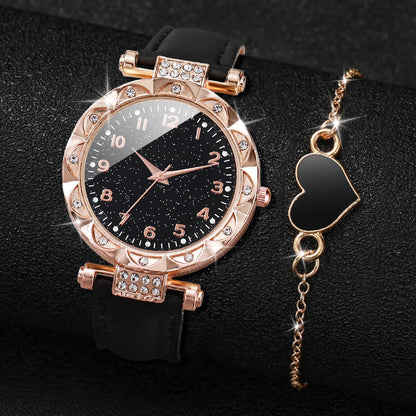 Coffret 2 Pièces Femme Strass — Montre Quartz Bracelet Cuir PU & Bracelet Cœur Assorti